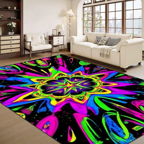Vista 13 de Alfombra lavable de 8 x 10 pies para sala de estar, grande, suave, luz negra, sol, neón, reactiva a los rayos UV, luna celestial, estrella, planeta