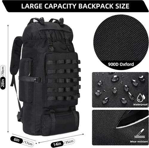 Vista 2 de Mochila de senderismo para acampar de 70 litros con cubierta de lluvia, mochila Molle impermeable para hombres, mochila para trekking, escalada al