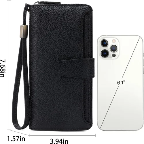 Vista 3 de GOIACII Cartera para mujer de gran capacidad con bloqueo RFID para mujer, tarjetero de embrague para teléfono, cartera larga de viaje, A03 negro