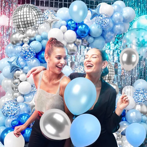 Vista 6 de FunHot Kit de arco de globos azules y plateados, kit de guirnalda de globos de color azul metálico y blanco plateado con globos de aluminio