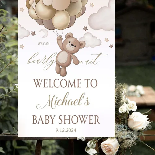 Vista 3 de Cartel de bienvenida de plástico personalizado con texto en inglés «We Can Bearly Wait Brown con texto en inglés «We Can Bearly Wait Brown»