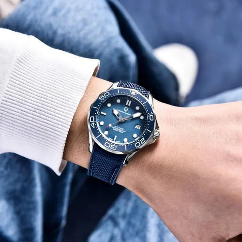 Vista 6 de Relojes automáticos de buceo Pagani Design 007-Model para hombre, movimiento NH35, materiales de acero inoxidable, bisel de cerámica giratoria Hule