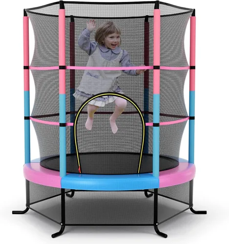 Vista 10 de Giantex - Trampolín infantil de 55”, con red de seguridad y almohadilla de resorte, marco de acero resistente con cremallera integrada
