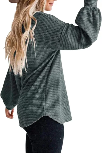 Vista 4 de Merokeety Suéter para mujer con mangas largas globo, tejido de punto gofre, holgado, cuello redondo, sin botones