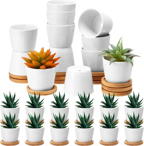 Vista 7 de Hsei Pack de 24 Macetas Mini de 2.5 Pulgadas para Suculentas, Macetas Pequeñas de Cerámica con Bandeja de Bambú para Jardín, Cactus, Hierbas