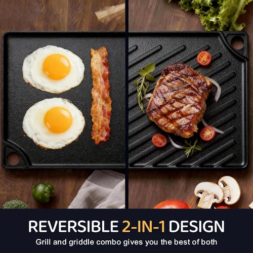 Vista 5 de EWFEN - Parrilla reversible de hierro fundido pre-sazonado de 16.7 x 9.5 pulgadas, utensilios de cocina de doble quemador, plancha rectangular