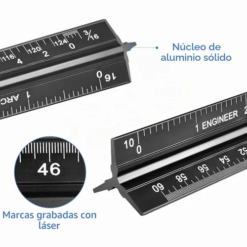 Vista 5 de Regla de escala triangular de arquitectura e ingeniería, juego de reglas de escala arquitectónica de 12 pulgadas, aluminio grabado con láser