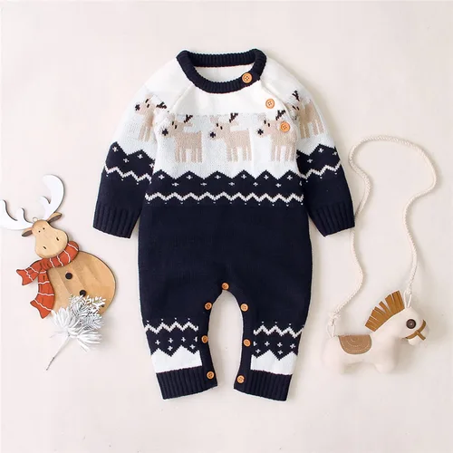 Vista 2 de Gueuusu Conjunto unisex de Navidad con estampado de dibujos animados, manga larga, suéter de punto, overol cálido para invierno