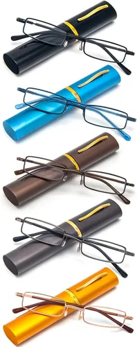 Vista 8 de REAVEE Paquete de 5 lentes de lectura portátiles delgados para hombres y mujeres, bloqueo de luz azul para computadora con bolsillo pequeño, estuche
