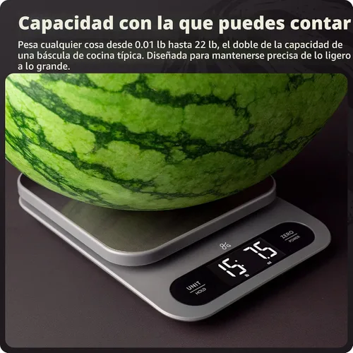 Vista 3 de Greater Goods Báscula digital de alimentos para cocina y hornear, alta capacidad de 22 libras Stainless Steel Platform, Hi-Def LCD, 1g Precision