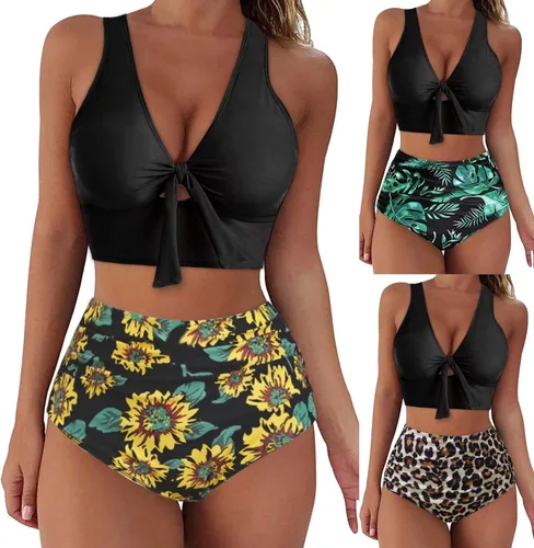 Vista 4 de Traje de baño para mujer, conjunto de bikini de girasol, divertido, traje de piezas nudas Frontal, ropa de Playa