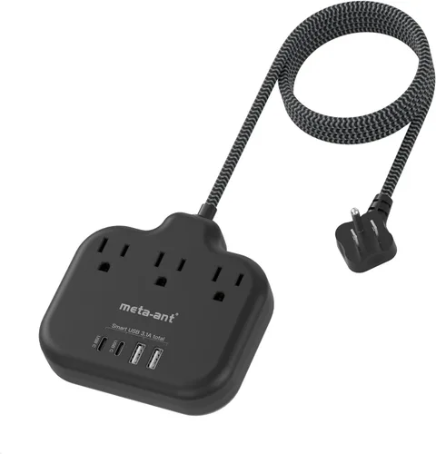 Vista 9 de Divisor de enchufes múltiples, tira de alimentación de cable ultracorto de 0.2 pies de 1625 W, 3 tomacorrientes, 4 USB (2 USB-C), extensor