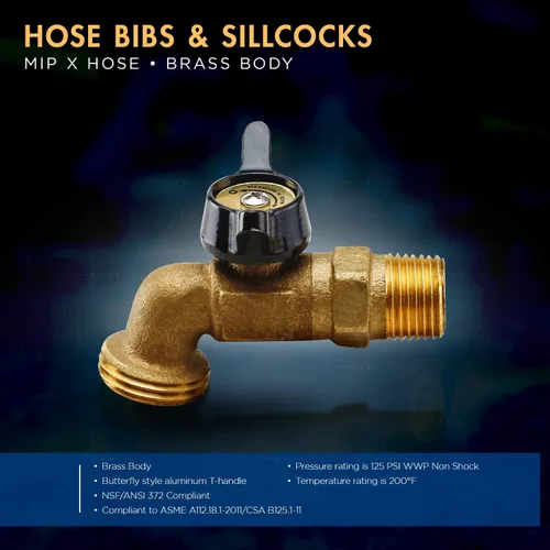 Vista 4 de Midline Valve 68343-5 Sillcock Manguera Bibb con mango de cuarto de vuelta, entrada MIP/SWT de 1/2 pulgada x 3/4 pulgadas MHT Outlet, latón fundido