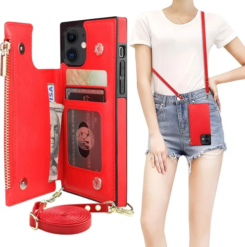 Vista 19 de Bocasal Funda tipo cartera cruzada para iPhone 12 Mini con tarjetero, protector de ranura para tarjetas con cremallera, a prueba de golpes, con Negro