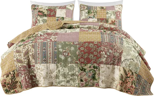 Vista 9 de Chezmoi Collection Delaney - Juego de edredón de 2 piezas, diseño floral de retazos prelavados, 100% algodón, tamaño individual