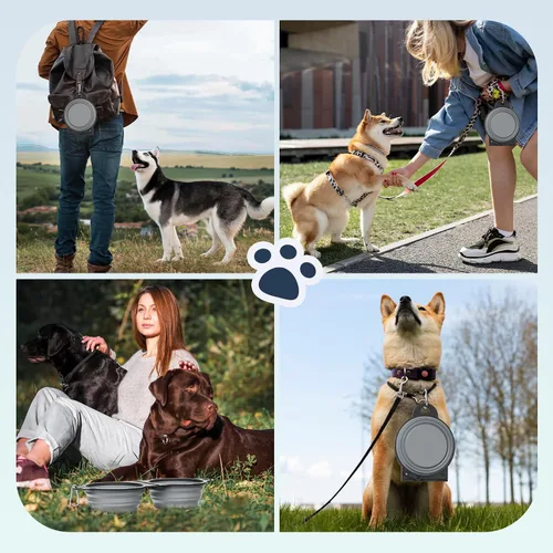 Vista 7 de Pawaboo Cuencos plegables 2 en 1 para perros, cuencos dobles para comida y agua, cuenco de silicona portátil de 180° con gancho de metal, comedero