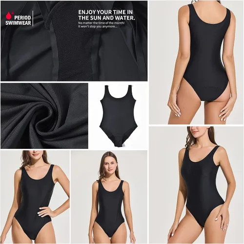 Vista 4 de feitycom Traje de baño menstrual negro de una pieza a prueba de fugas para adolescentes, niñas y mujeres