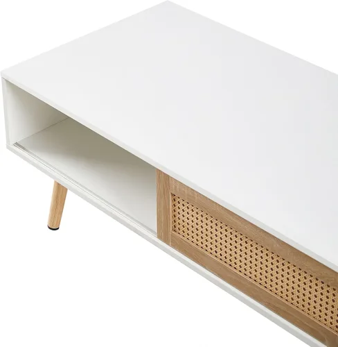 Vista 7 de IANIYA Mesa de centro con almacenamiento oculto, mesa central rectangular de 41.3 pulgadas con puerta tejida de ratán y patas de madera maciza