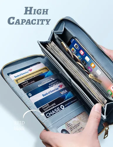 Vista 4 de Yarnic Cartera para mujer con tarjetero para tarjetas de crédito, bolsillos para dinero, correa de pulsera, monedero con bloqueo RFID, gran