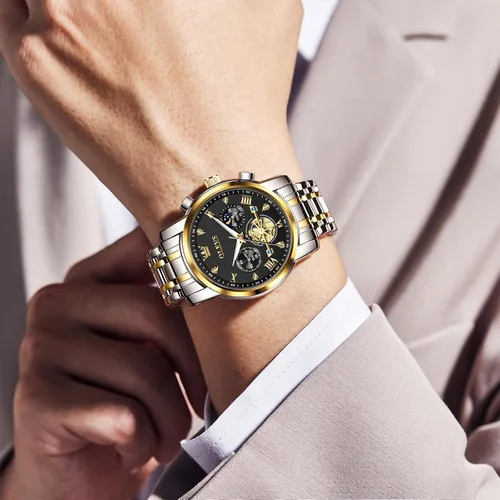 Vista 3 de OLEVS Relojes para hombre de acero inoxidable con cronógrafo, reloj de pulsera grande analógico de cuarzo, relojes de vestir impermeables de moda
