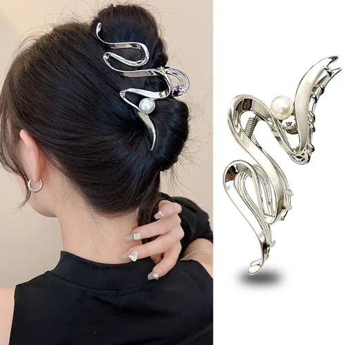 Vista 9 de Pinzas de pelo de cinta plateada de metal con perlas, accesorios para el cabello para mujeres y niñas, elegantes pinzas para el cabello ondulado