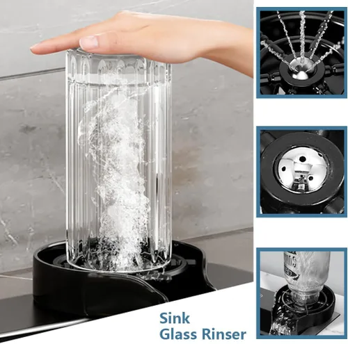 Vista 6 de Fregadero de cocina negro con cascada, fregadero de barra de acero inoxidable de un solo cuenco con lavavasos, fregadero de cocina de estación