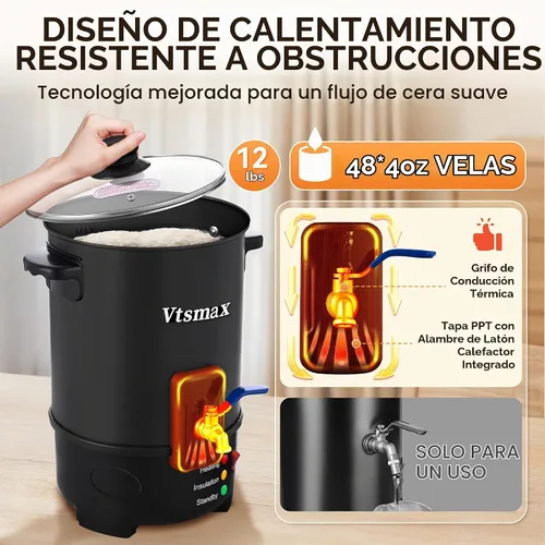 Vista 4 de Derretidor eléctrico de cera de vela para la fabricación de velas, uso doméstico y comercial 12 lb Capacity Melts Wax Evenly. Adjustable