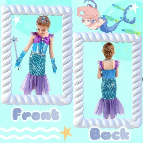 Vista 2 de Krarici Disfraz de sirena pequeña para niñas vestido de fiesta de princesa para fiesta con guantes accesorios de corona maza 3-10 años