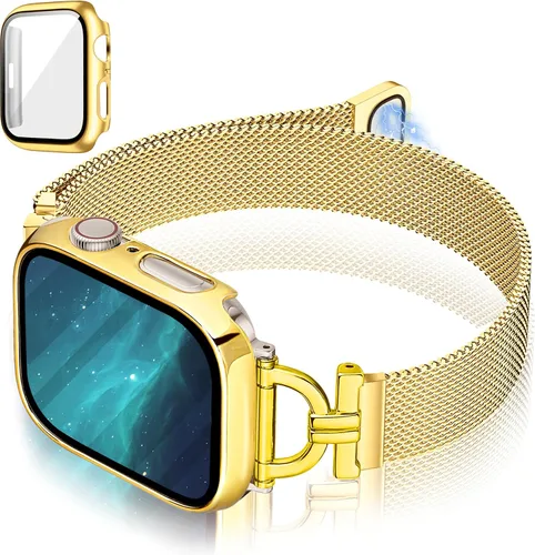 Vista 8 de Correas para Apple Watch para mujer de 1.575 pulgadas con funda protectora de pantalla, cierre magnético de acero inoxidable, correa para Apple Oro