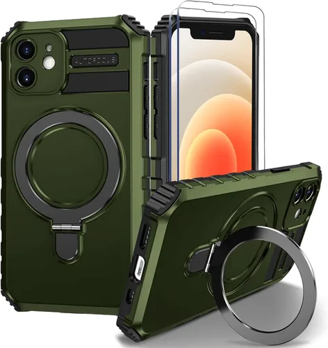 Vista 27 de Funda magnética para iPhone 11 [compatible con MagSafe] con 2 protectores de pantalla de vidrio templado con soporte de anillo, grado militar Azul