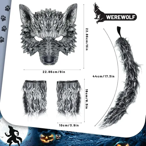 Vista 2 de HyperFun Disfraz de hombre lobo de Halloween, máscara de lobo y juego de colas, disfraz de lobo realista, kit de accesorios de cosplay