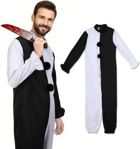 Vista 3 de Adult Clown The Killer Costume Men Scary Art Jumpsuit Halloween Outfits Blanco