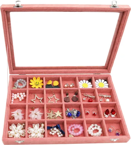 Vista 4 de Wudygirl Organizador de joyas, bandeja de terciopelo para joyas, caja de joyería de 24 rejillas con tapa, apilable, almacenamiento de joyas
