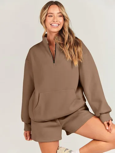 Vista 8 de Caracilia Conjunto deportivo de 2 piezas para mujer, sudadera de gran tamaño con media cremallera y pantalones cortos a juego para el otoño