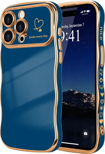 Vista 116 de LCHULLE - Funda para iPhone Air, linda para mujeres y niñas, con forma de onda, color azul bebé Luxury Plating Curly Wavy Frame with Love Heart