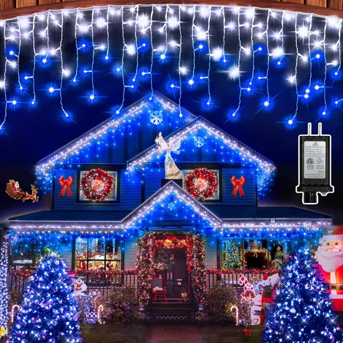 Vista 17 de 612 luces LED de Navidad de 60 pies con 136 gotas, 12 modos regulables, luces colgantes blancas frías al aire libre con memoria de temporizador