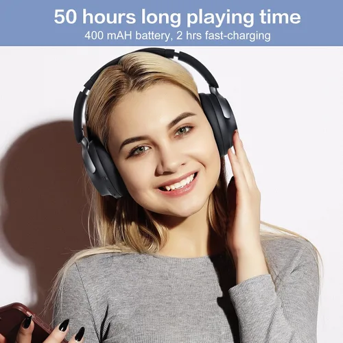 Vista 6 de B8 - Audífonos Bluetooth supraaurales, 6 modos de música EQ y 50 horas de reproducción, graves profundos, inalámbricos, con micrófono, plegables