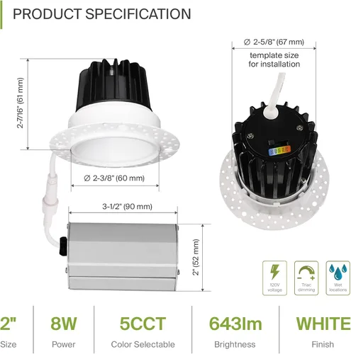 Vista 2 de ASD Sin moldura de 2 pulgadas de luces LED empotradas, 8W 120V redondas para uso comercial, luces regulables sin lata para techo con caja