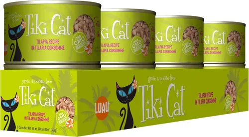 Vista 2 de Tiki Cat Luau - Comida húmeda sin granos, baja en carbohidratos, con aves de corral o peces en consomé para gatos adultos y gatitos., color fantasía