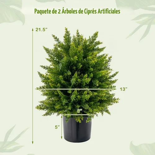 Vista 7 de Goplus Árbol de bola de cedro artificial de 21.5 pulgadas, juego de 2 plantas artificiales en maceta, arbustos artificiales con maceta de cemento