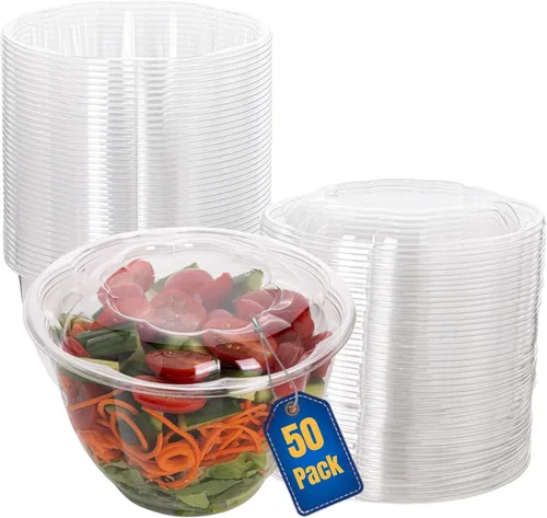 Vista 10 de Ensaladeras desechables de plástico con tapas herméticas, ideales para preparación de comidas, comida para llevar, catering, fiestas, picnics