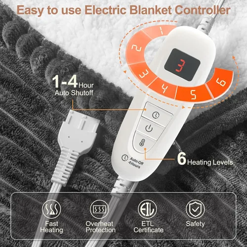 Vista 3 de Manta eléctrica Tefici: manta eléctrica térmica de 50 x 60 pulgadas, 6 niveles de calefacción rápida, apagado automático de 1 a 4 horas, de franela