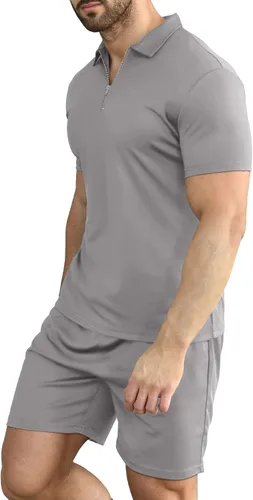 Vista 2 de YTD Conjunto de camisa polo y pantalones cortos casuales de manga corta para hombre, conjunto de dos piezas de verano con cremallera para hombre