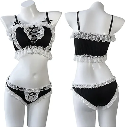 Vista 7 de Mobbunny Conjunto de mucama superior e inferior con medias para disfraz de cosplay de sirvienta con volantes de encaje