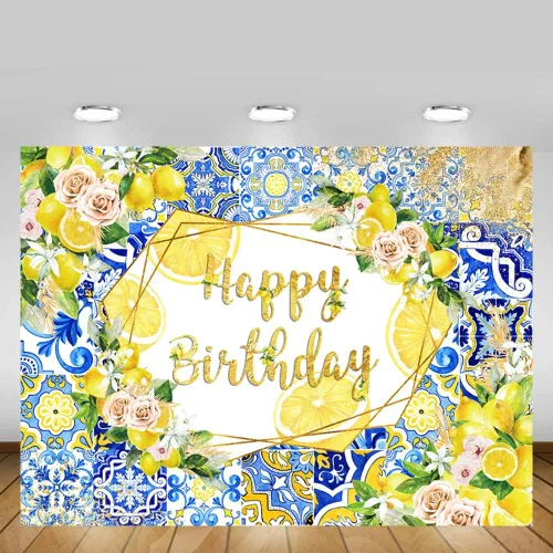 Vista 5 de MEHOFOND Telón de fondo de limón con diseño de feliz cumpleaños, azulejos azules, fondo mediterráneo de Marruecos, decoración de fiesta
