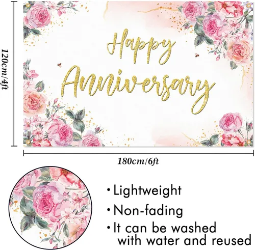 Vista 2 de Decoración de telón de fondo de feliz aniversario, diseño floral rosa, decoraciones temáticas de fiesta de aniversario de boda para parejas, hombres