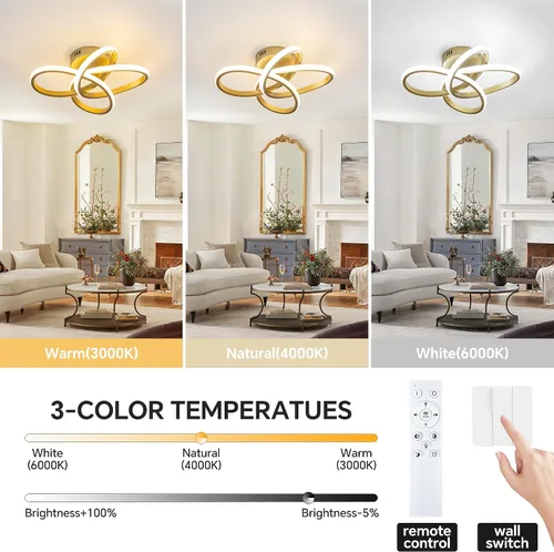 Vista 2 de Lámpara de techo moderna, lámpara de techo regulable LED de 36 W con control remoto, cambio de temperatura de color, pequeña lámpara de araña dorada