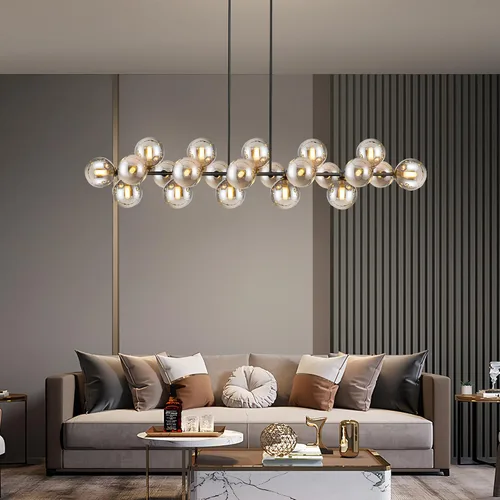 Vista 8 de Candelabro lineal negro Sputnik de 70 pulgadas, lámpara de comedor con 22 luces, globo de vidrio, lámpara lineal ahumada para granja, sala de estar