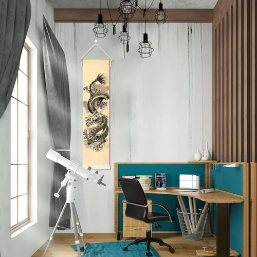 Vista 6 de Póster colgante de lienzo para pared, pintura de dragón chino, tinta y acuarela, tapiz de pared con efecto mitológico con 2 borlas y barra colgante