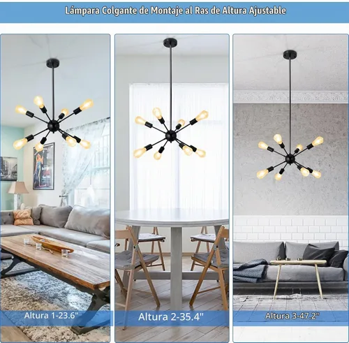 Vista 7 de SineRise Candelabros Sputnik Negros, 8 Luces Modernas Accesorio de Iluminación Sputnik con Altura Ajustable para Comedor, Sala de Estar, Cocina